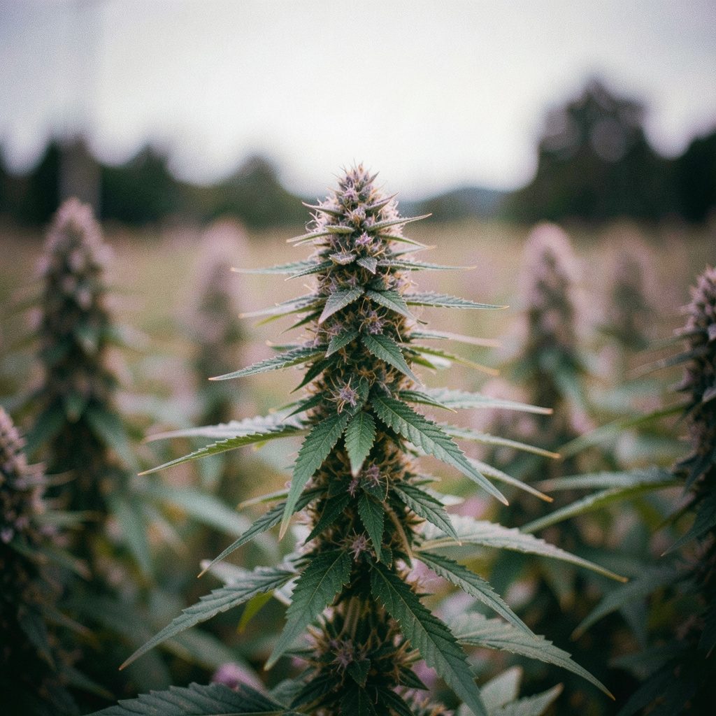 Close-up of dense purple kush indica buds with vibrant violet hues and frosty trichomes against a dark background