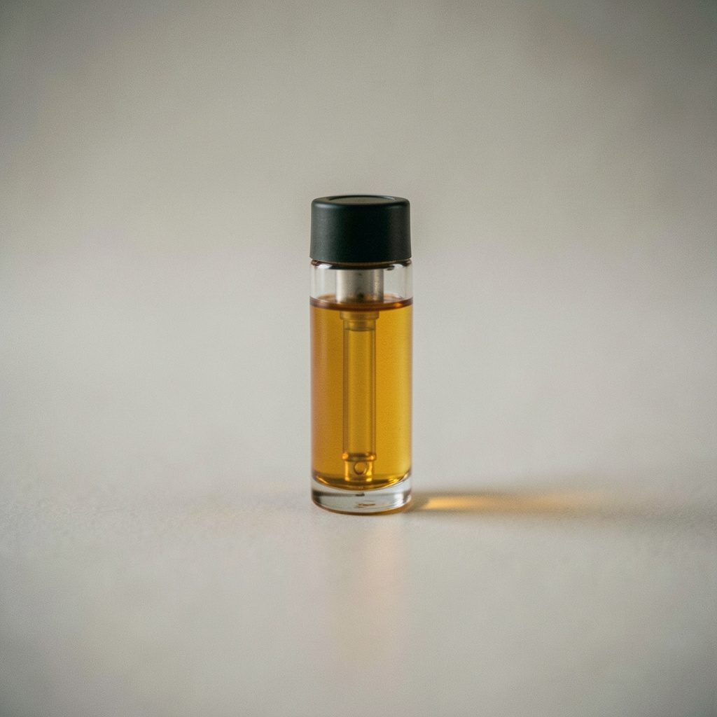 Single vape cartridge with amber oil visible through glass, soft studio lighting on neutral background