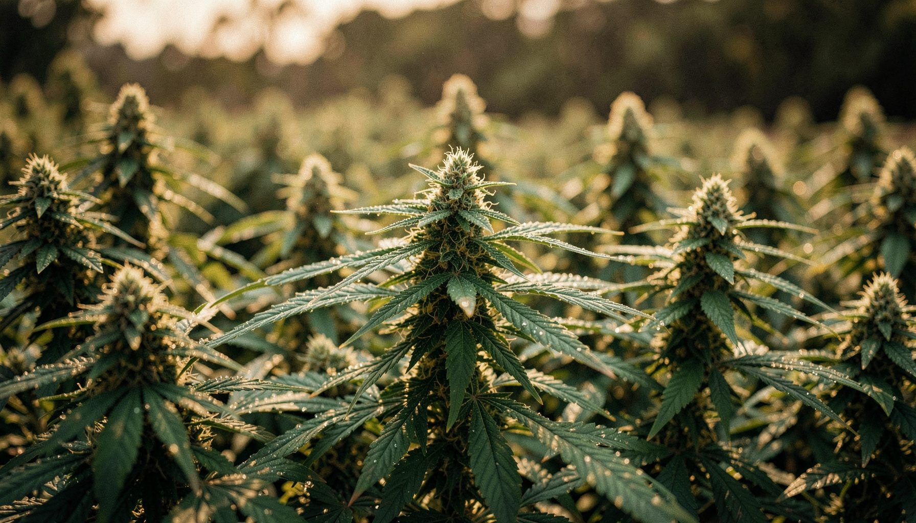 Wide cinematic shot of lush green cannabis plants in soft natural light, shallow depth of field with warm earthy tones and dewy leaves